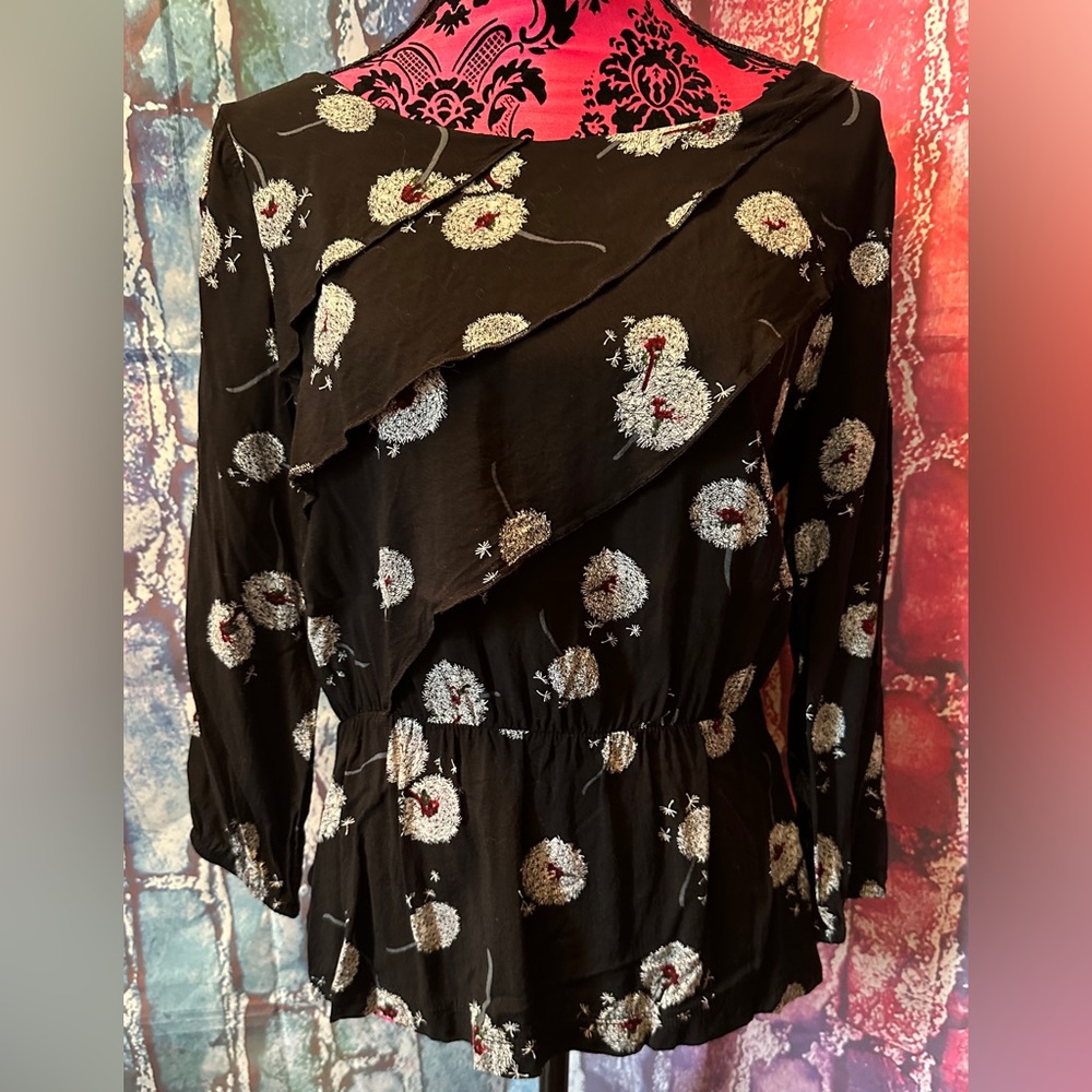 Anthropologie Deletta Black Wished Blooms Dandelion Long Sleeve Blouse Top Sz M